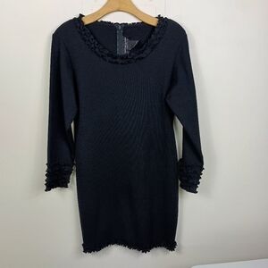 VTG Andrea Jovine Black 100% Wool Sweater Dress Large Petite Black Ruffle 80s90s